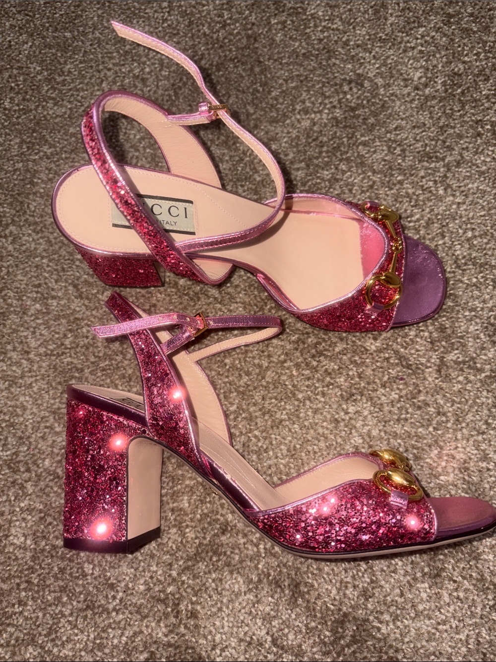 Gucci Pink Glitter Block Heel Sandals with Gold Hardware